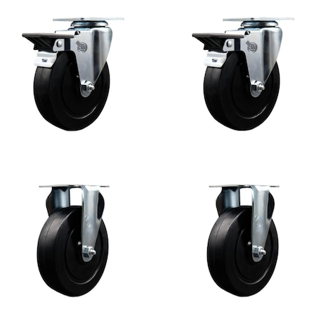 Service Caster 5'' Soft Rubber Wheel Swivel Top Plate Caster Set with 2 Posi Brakes 2 Rigid, 4PK SCC-20S514-SRS-PLB-2-R-2